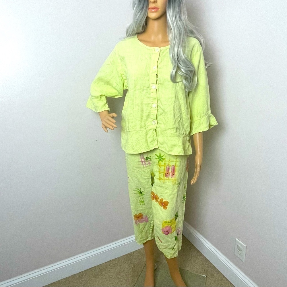 Liz and June Hand-Painted Linen Top & Pants Set – Size Large